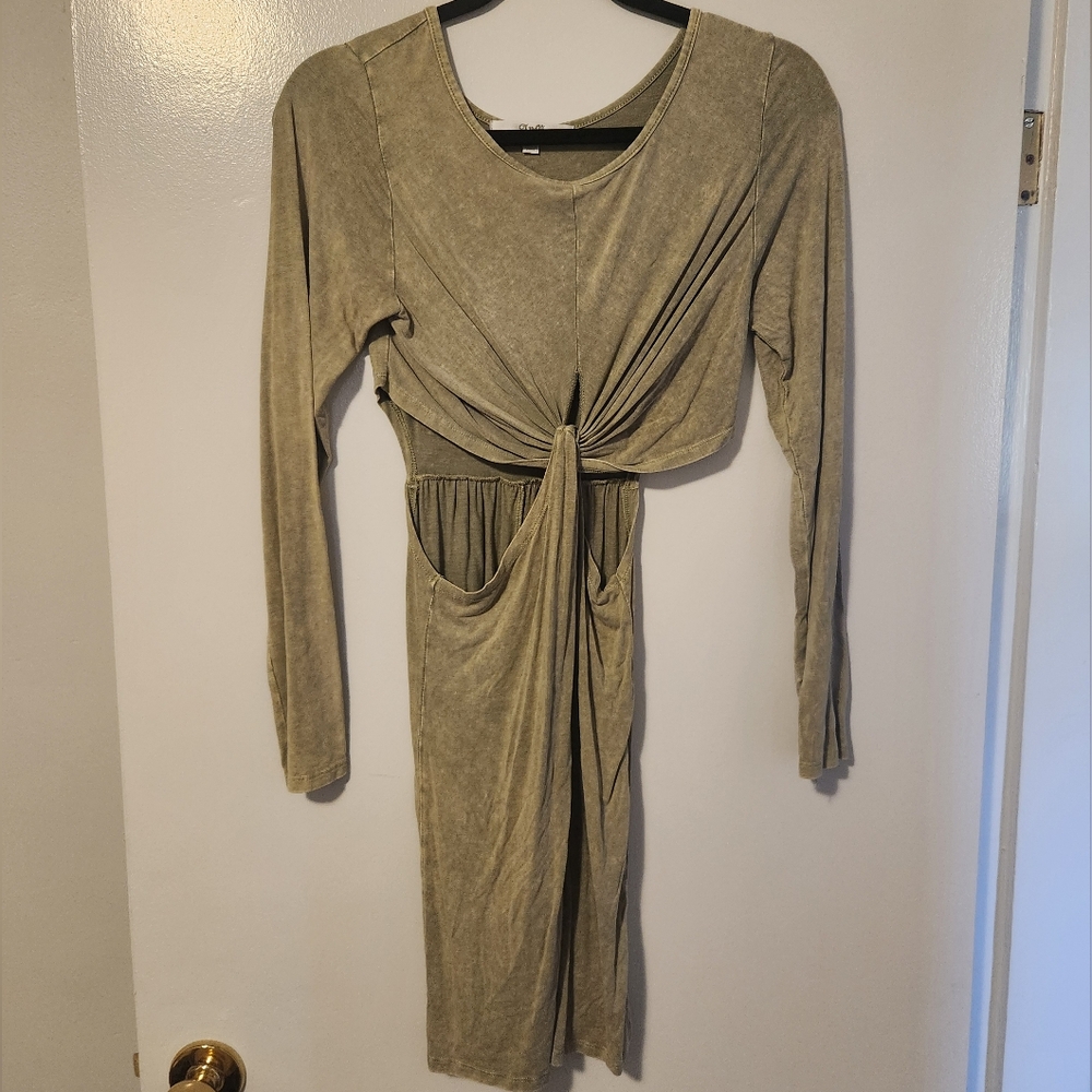 AnM Cut Out Knot Olive Green Women's Dress